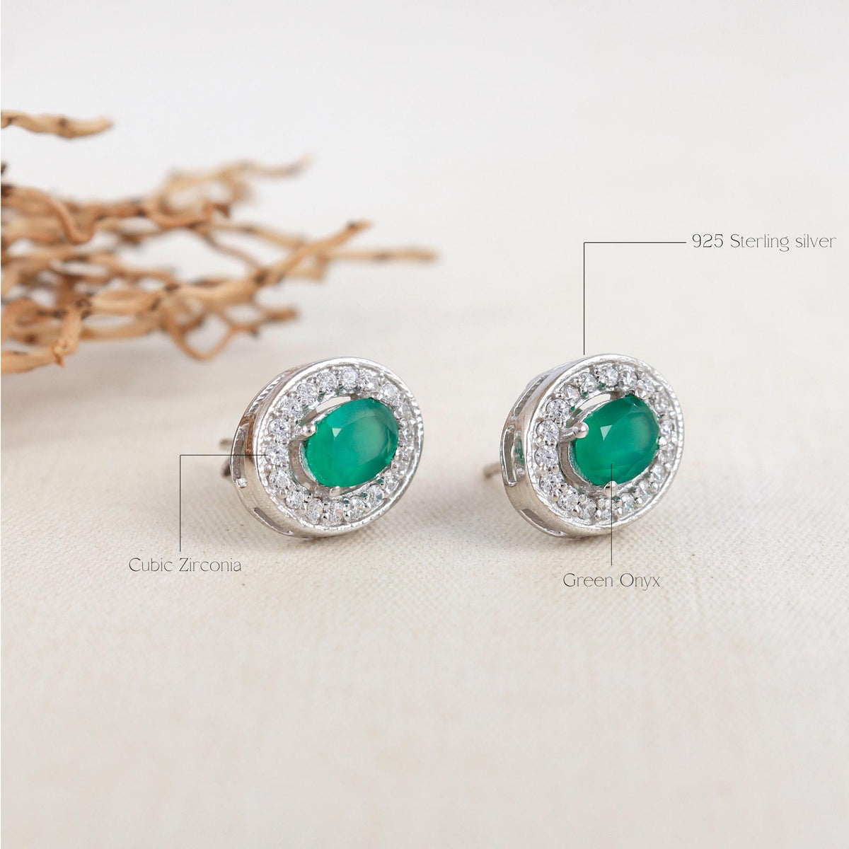 Green Onyx Sterling Silver Earrings: CZ Diamond Halo, Oval Studs