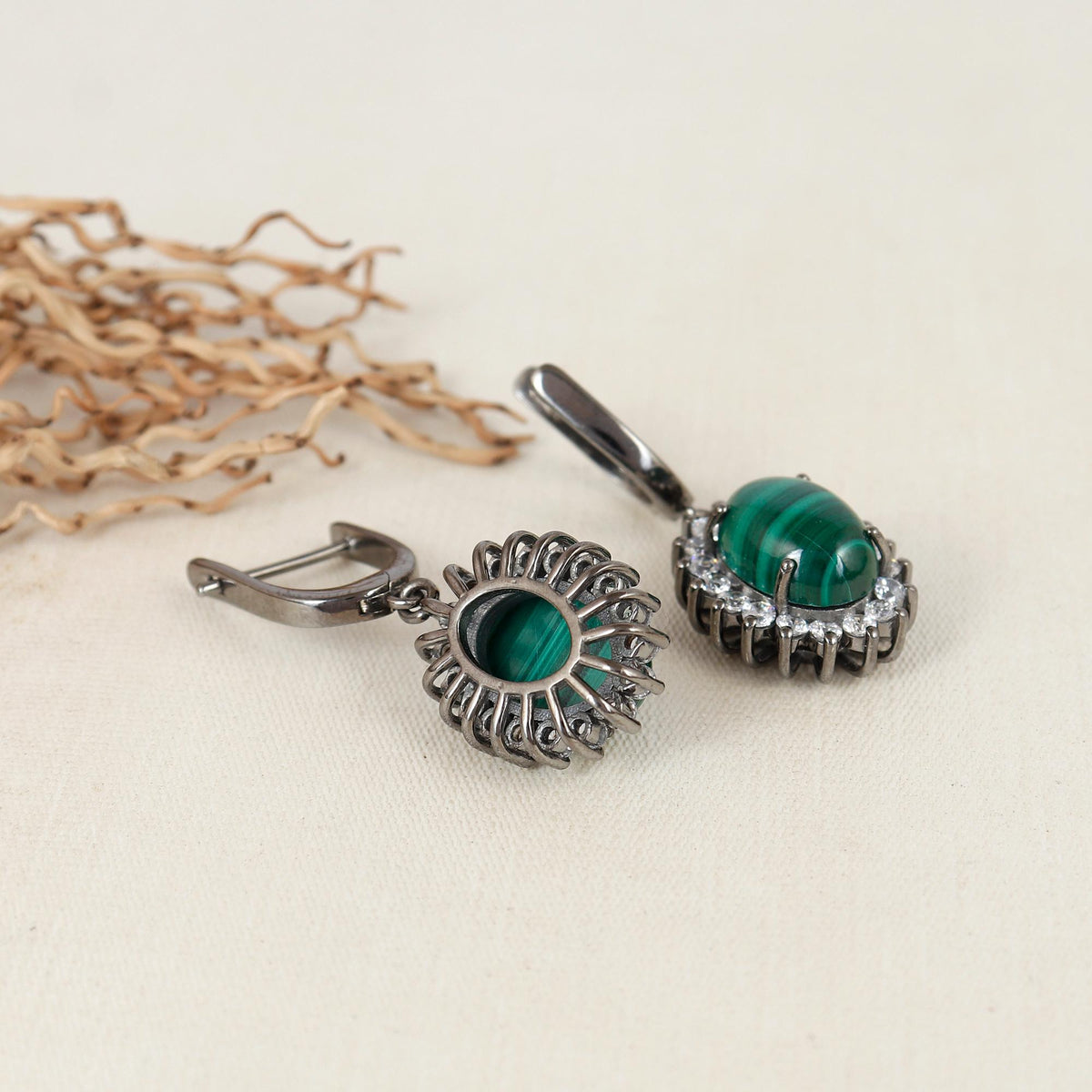 Malachite CZ Sterling Silver Hoop Earrings: Handmade Statement Jewelry