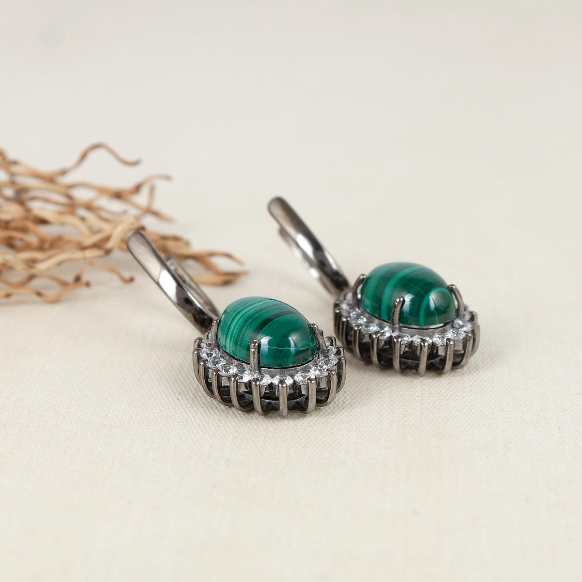 Malachite CZ Sterling Silver Hoop Earrings: Handmade Statement Jewelry