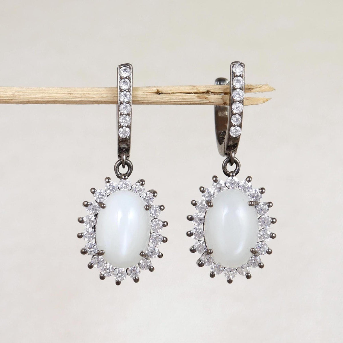 Natural Moonstone Gemstone Sterling Silver Handmade Heggie Dangle Earrings - June Birthstone