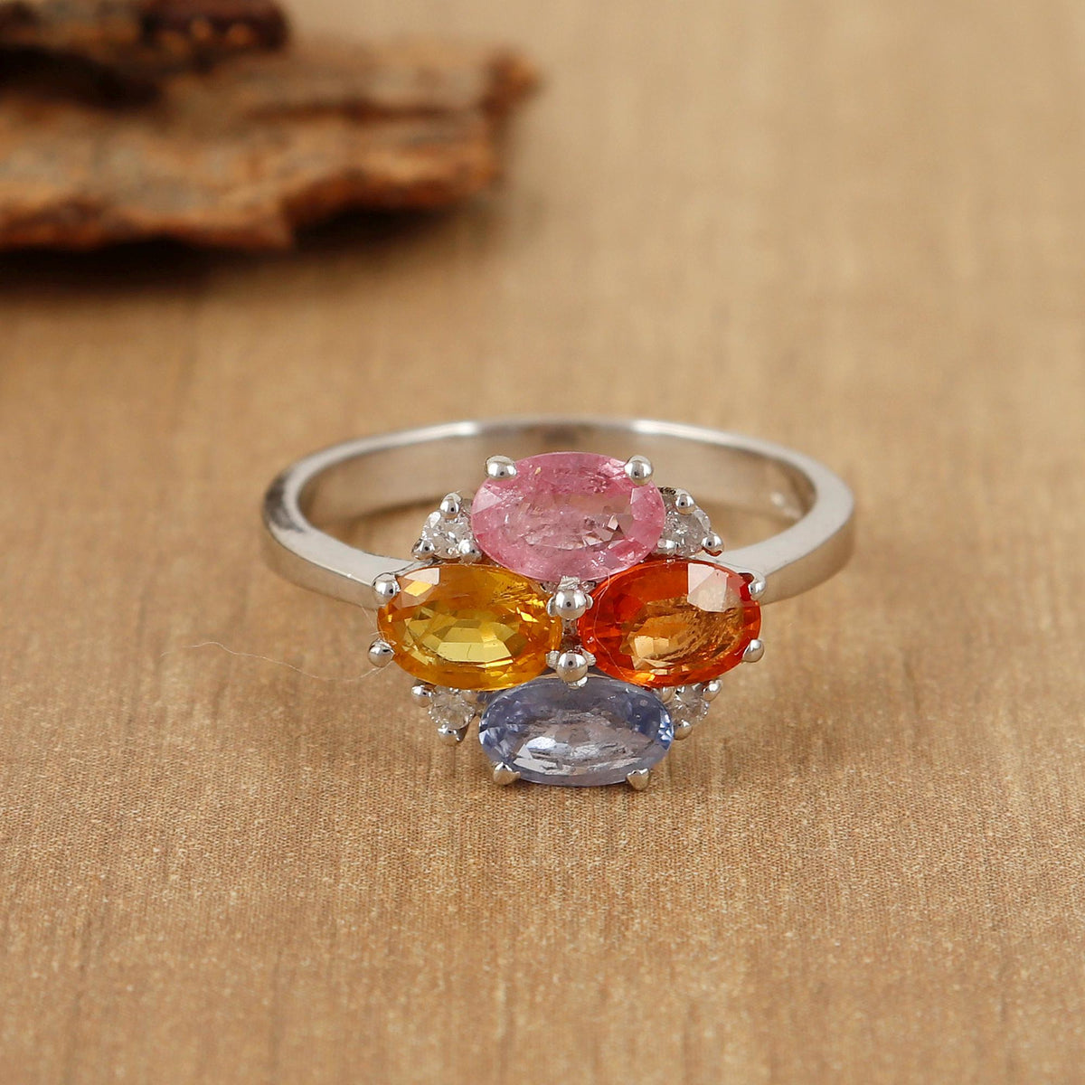 Multi Sapphire Oval Cut Ring, 925 Sterling Silver, Colorful Gemstone (September Birthstone)