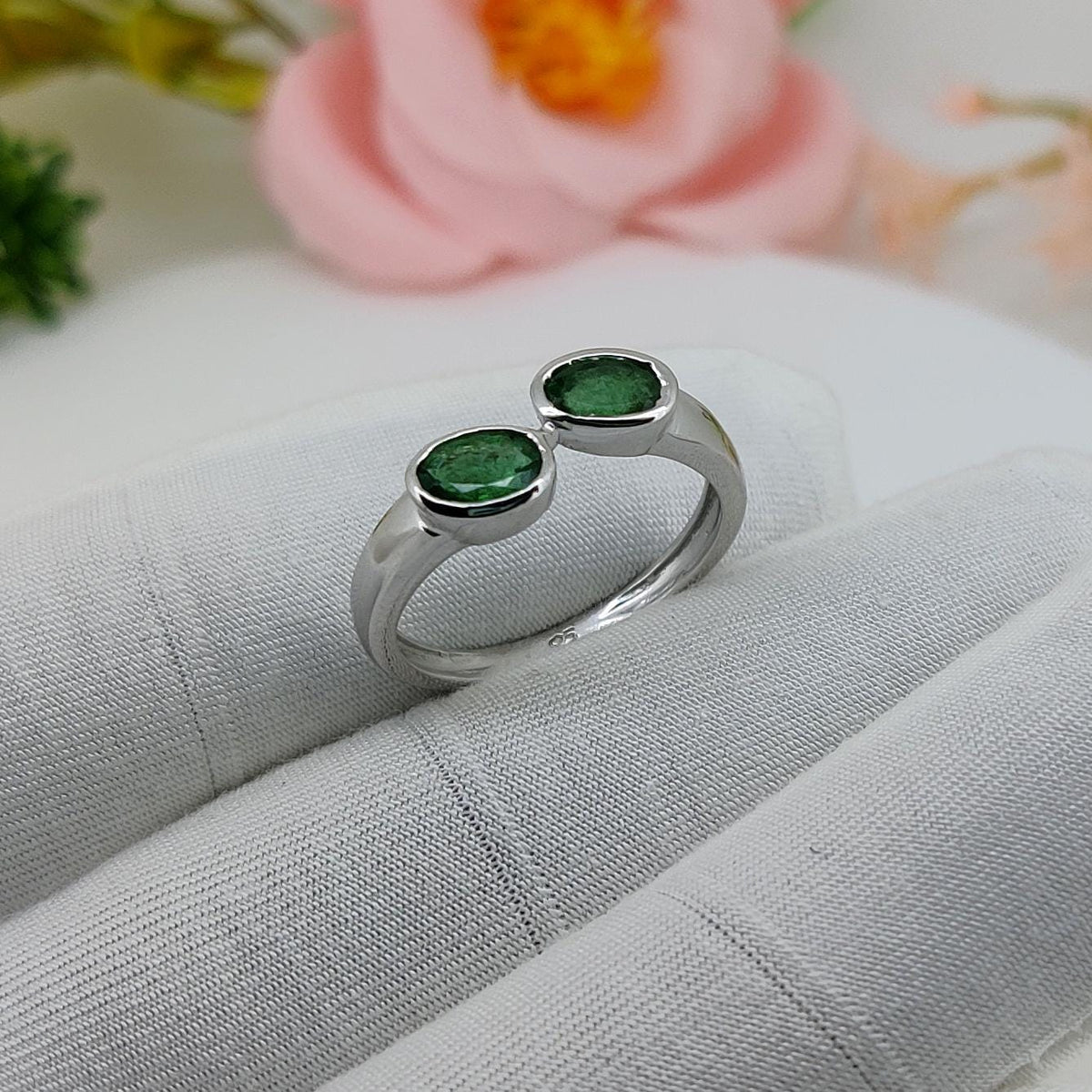 Artisan Silver Emerald Ring, Two Oval Natural Handmade Ring, Anniversary Gifts Jewelry
