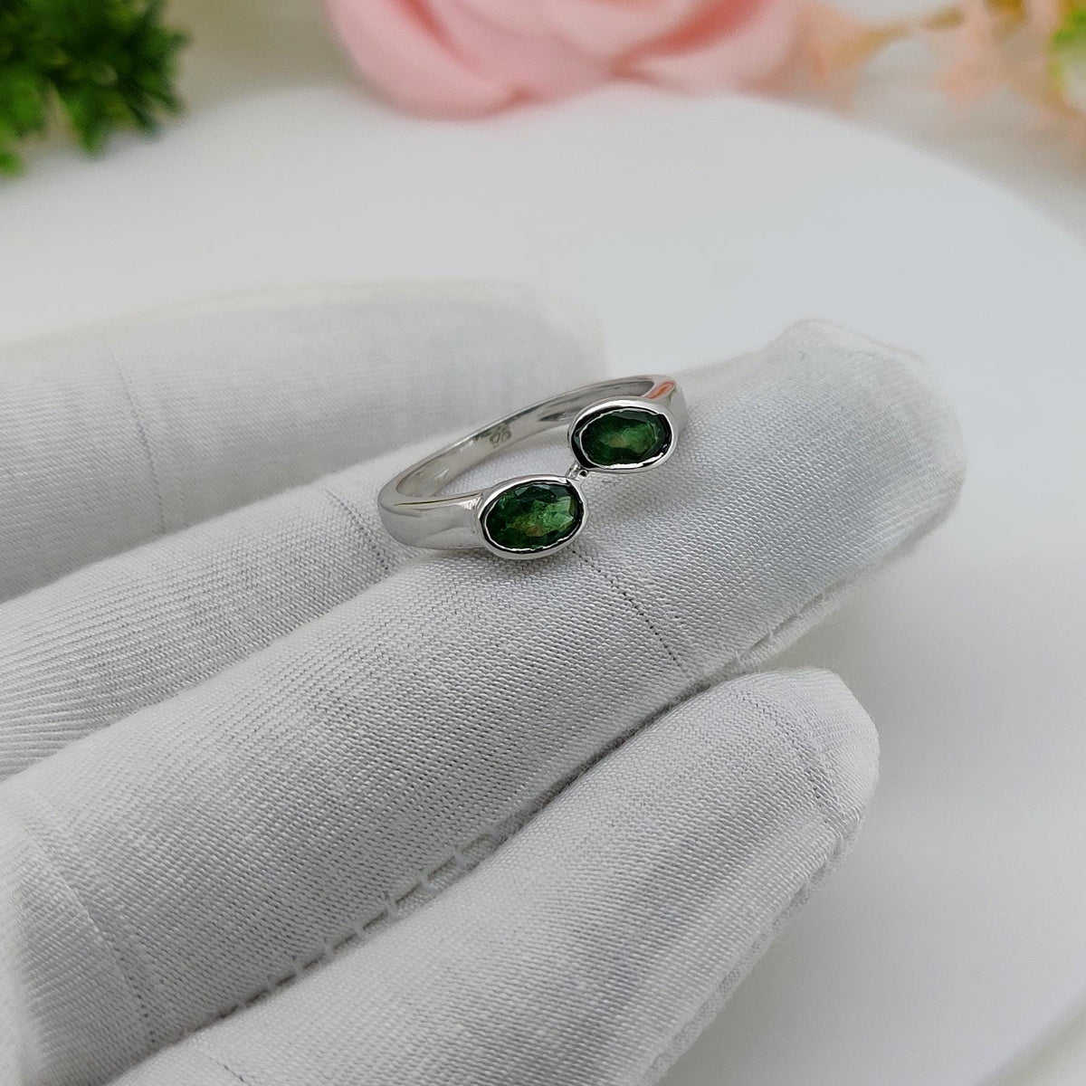 Artisan Silver Emerald Ring, Two Oval Natural Handmade Ring, Anniversary Gifts Jewelry