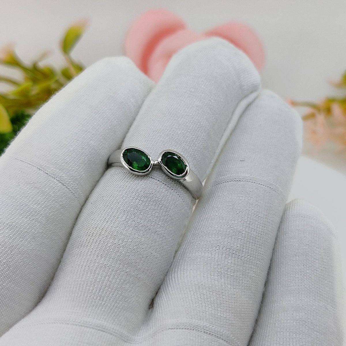 Artisan Silver Emerald Ring, Two Oval Natural Handmade Ring, Anniversary Gifts Jewelry