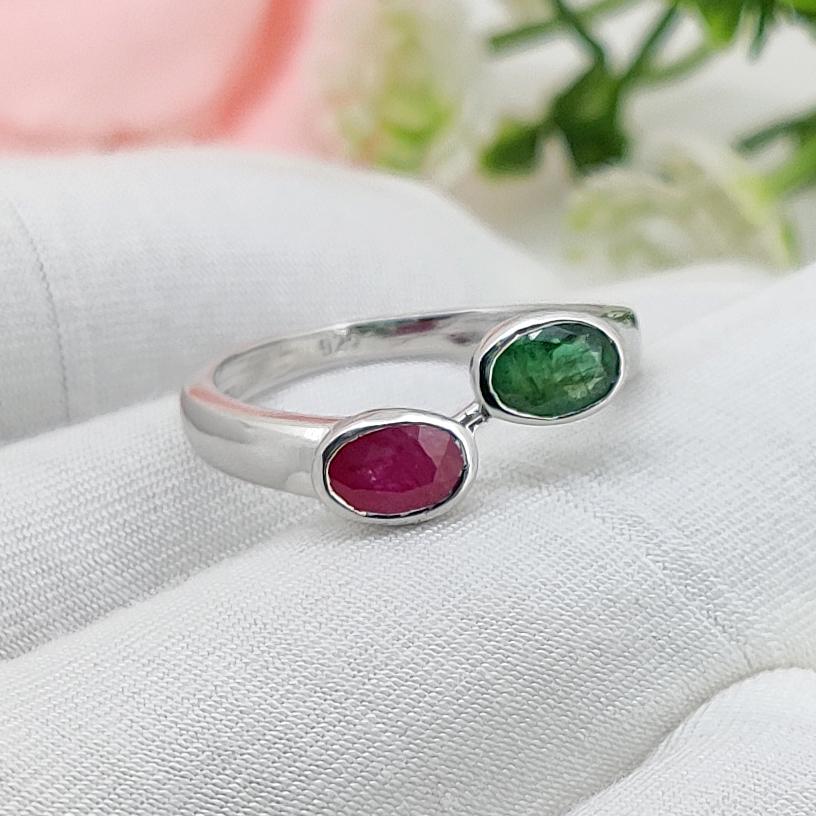 Natural Ruby & Emerald Gemstone Silver Ring Luxury Handmade Jewelry Anniversary Gift for Her