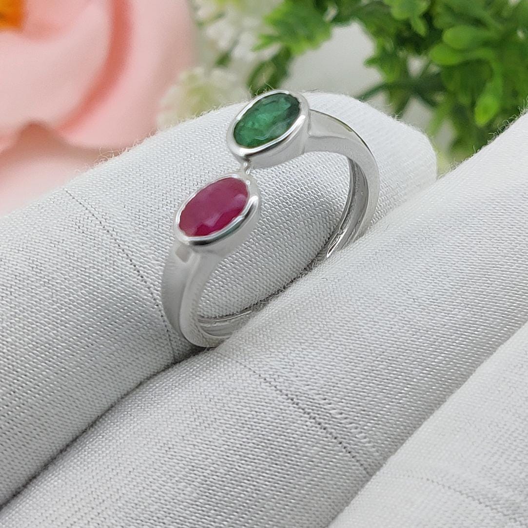 Natural Ruby & Emerald Gemstone Silver Ring Luxury Handmade Jewelry Anniversary Gift for Her