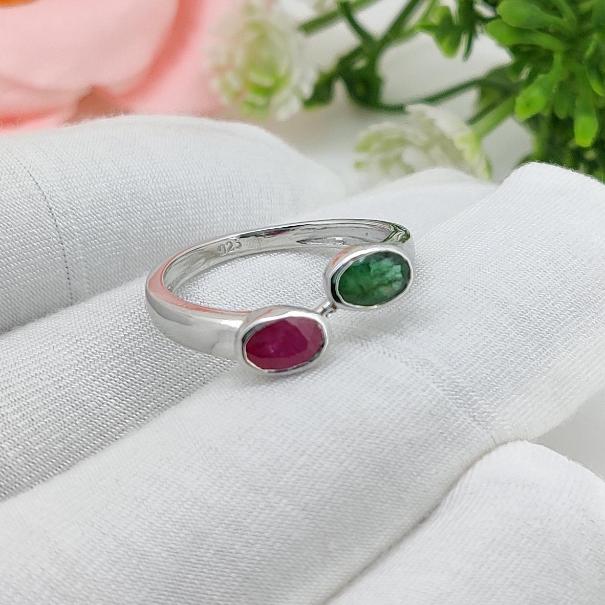 Natural Ruby & Emerald Gemstone Silver Ring Luxury Handmade Jewelry Anniversary Gift for Her