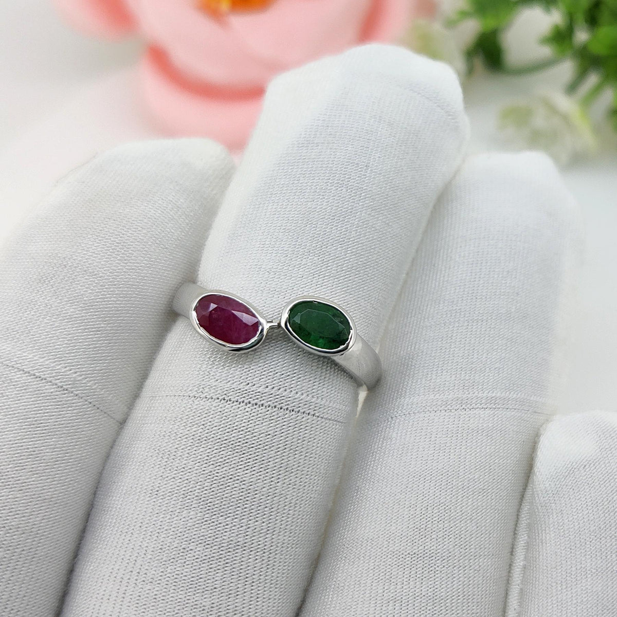 Natural Ruby & Emerald Gemstone Silver Ring Luxury Handmade Jewelry Anniversary Gift for Her