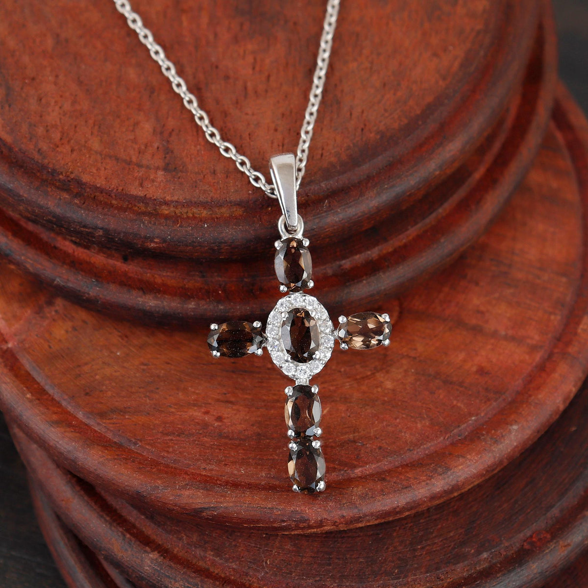 Smoky Quartz Cross Necklace Handmade Natural Gemstone Holy Cross Pendant for Women