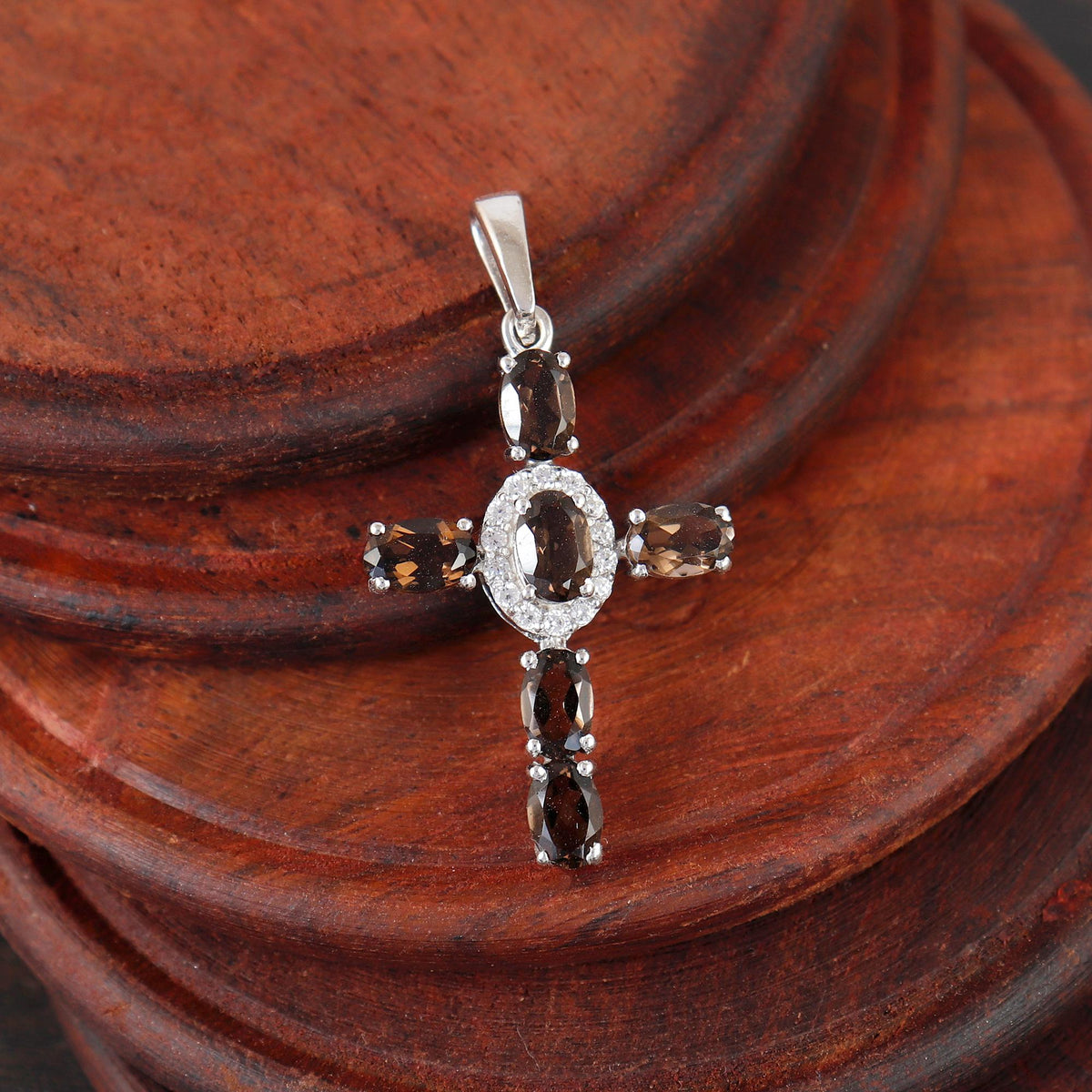 Smoky Quartz Cross Necklace Handmade Natural Gemstone Holy Cross Pendant for Women