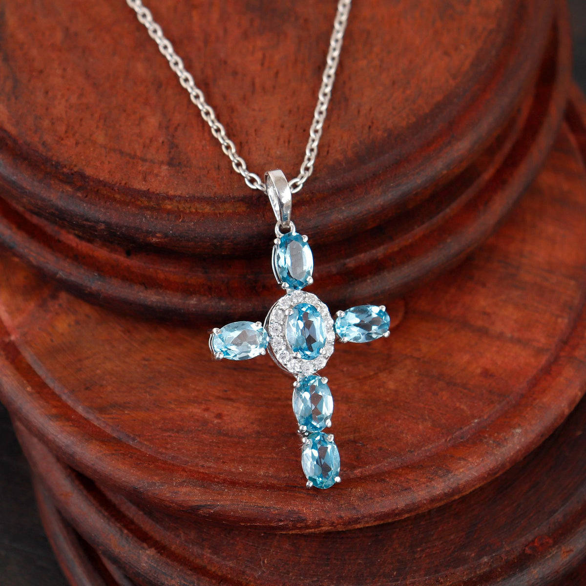 Swiss Blue Topaz Cross Pendant: Sterling Silver Christmas Holy Cross Necklace