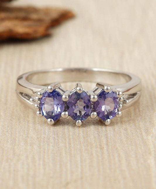 Artisan Natural Tanzanite Gemstone Ring Sterling Silver Handmade Three Stone Jewelry