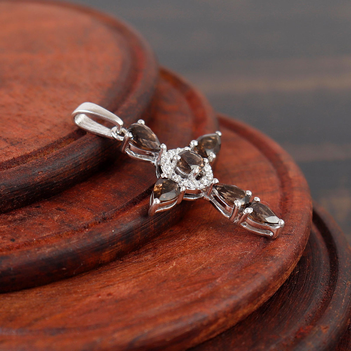 Smoky Quartz Cross Pendant: Sterling Silver Christmas Gift Holy Cross Necklace