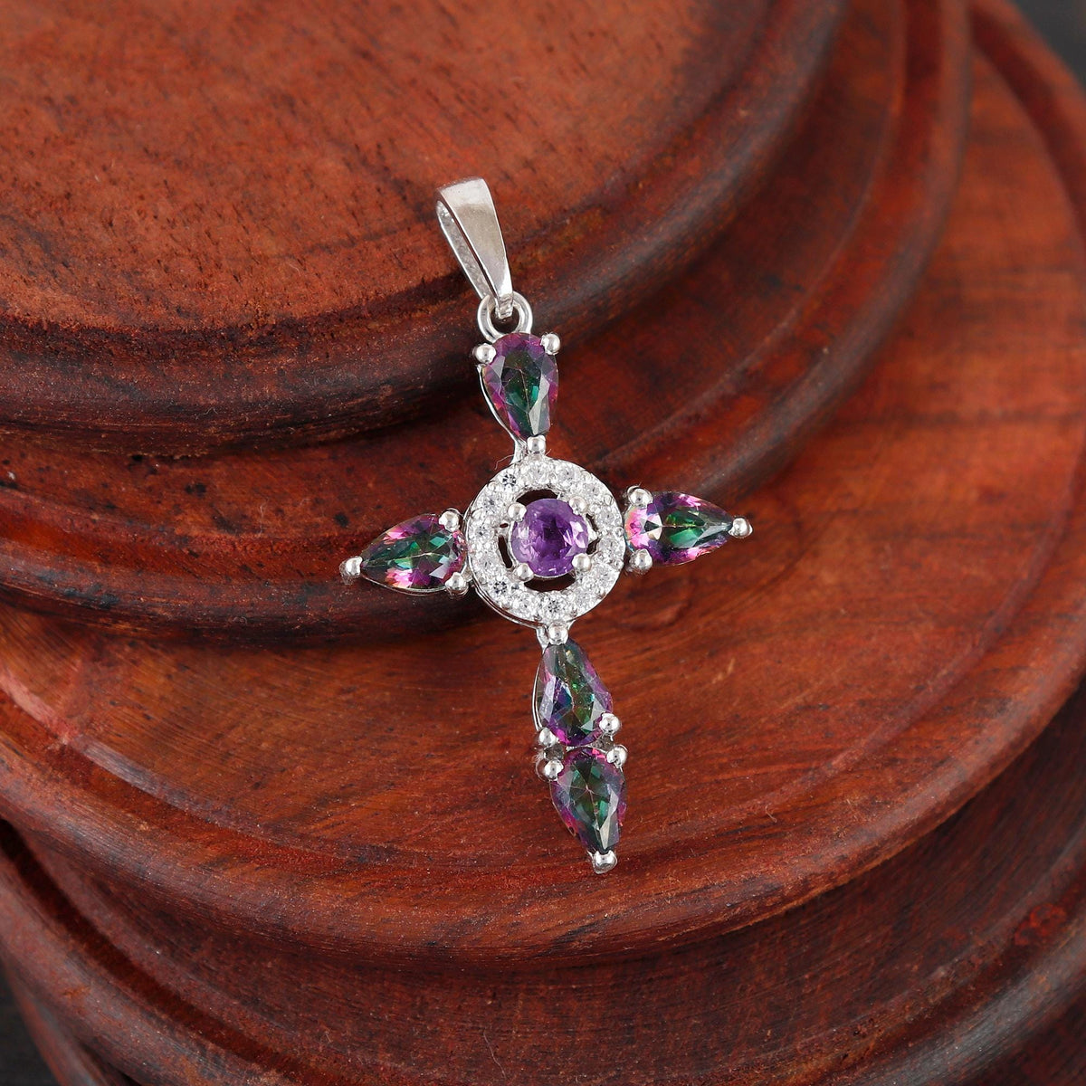 Mystic Topaz Cross Pendant: Sterling Silver Holy Cross Necklace Christmas Gift