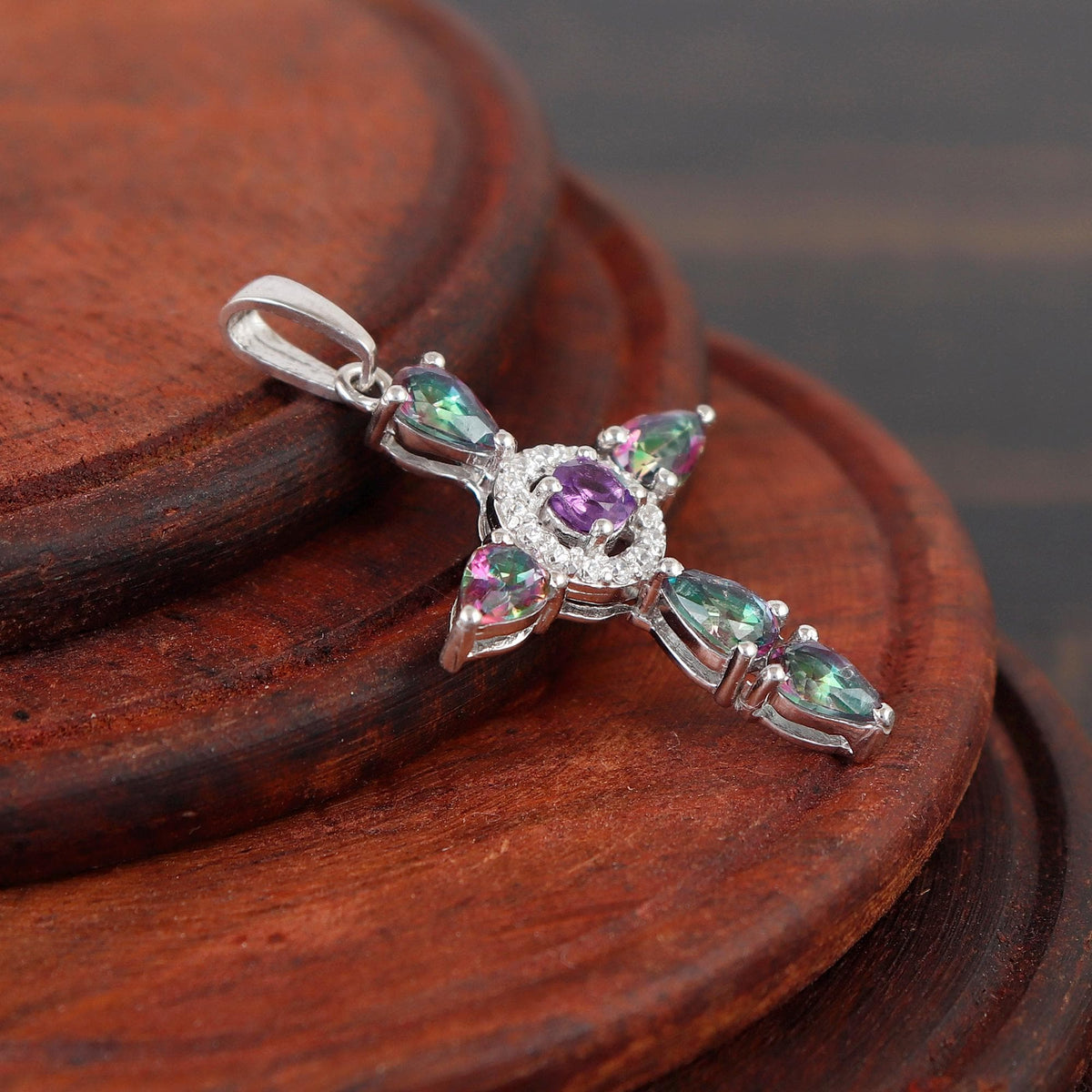 Mystic Topaz Cross Pendant: Sterling Silver Holy Cross Necklace Christmas Gift