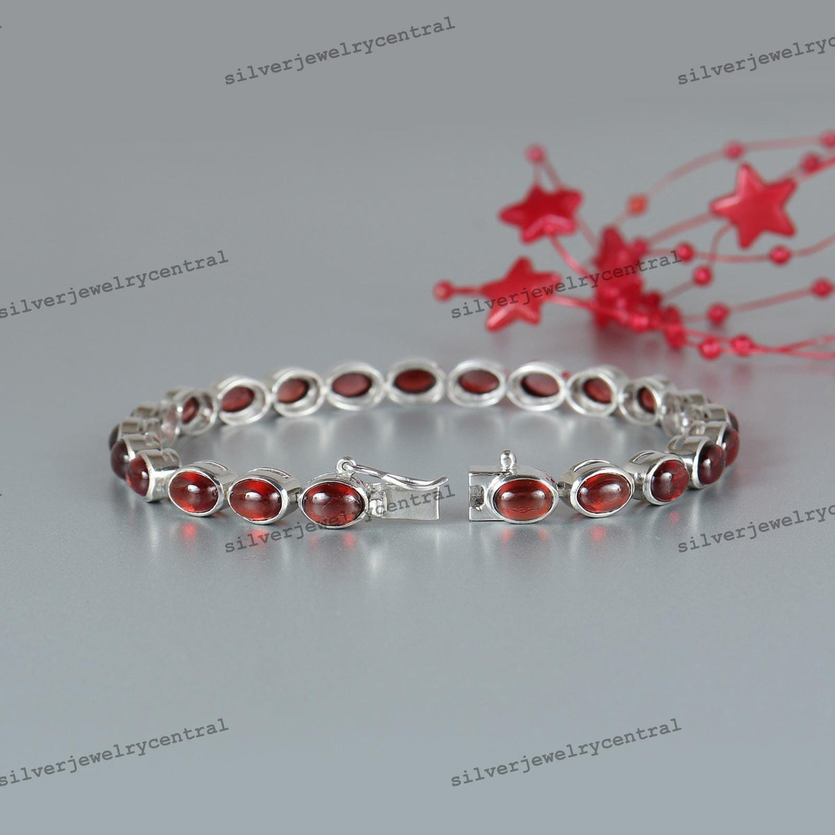 Natural Garnet Cabochon Bracelet, 925 Sterling Silver Tennis Bracelet