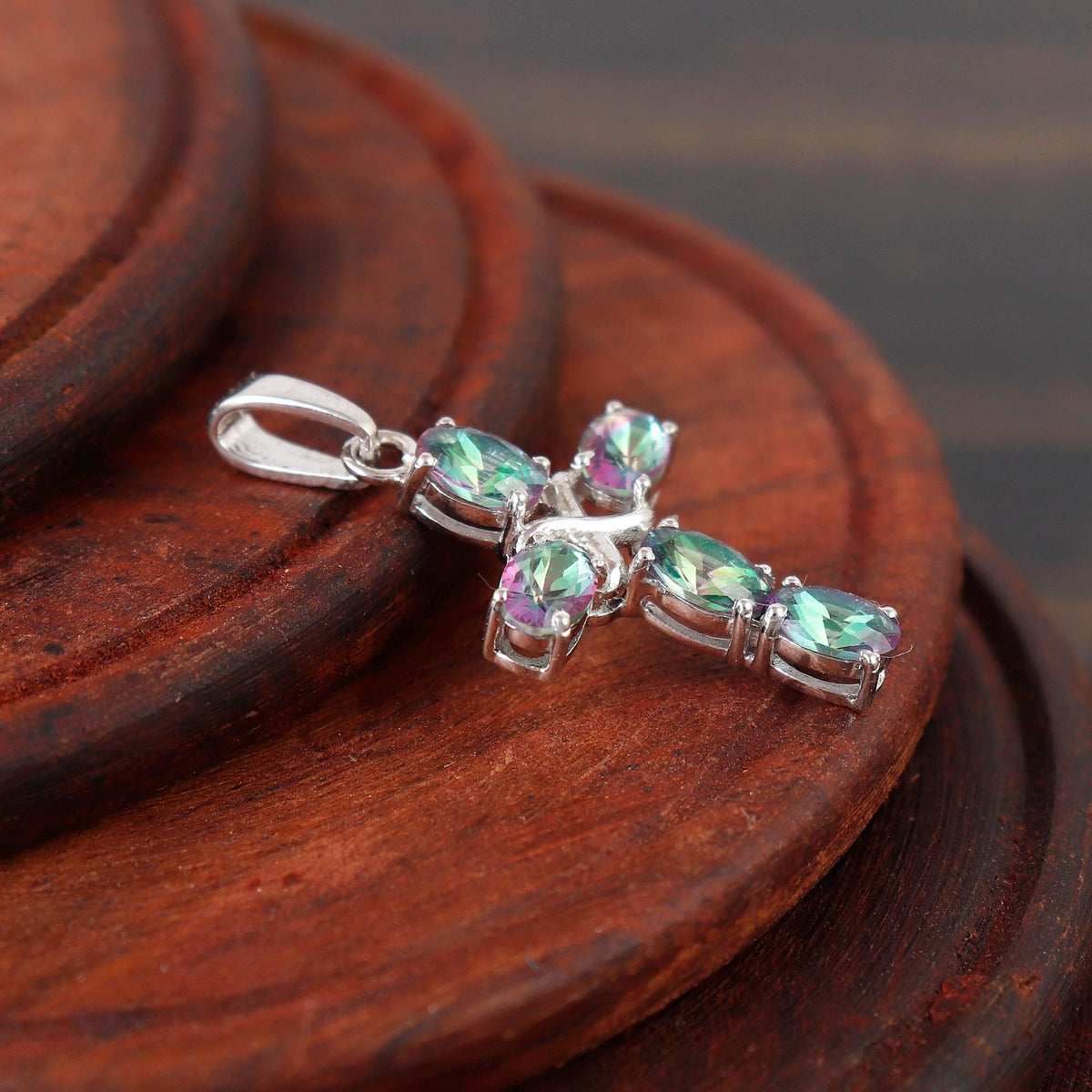 Mystic Topaz Cross Gemstone Pendant: Handmade Sterling Silver Holy Cross Christmas
