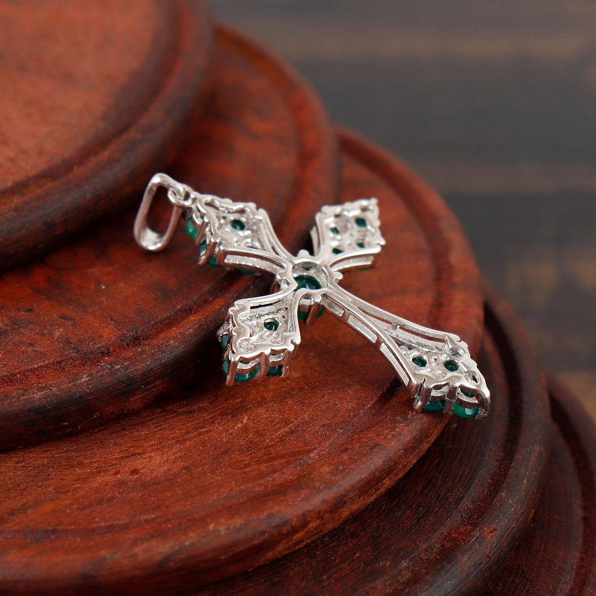 Green Onyx Cross Pendant Necklace Sterling Silver Holy Jewelry