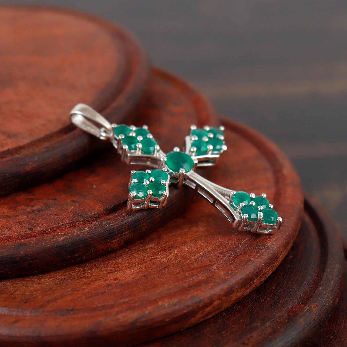 Green Onyx Cross Pendant Necklace Sterling Silver Holy Jewelry