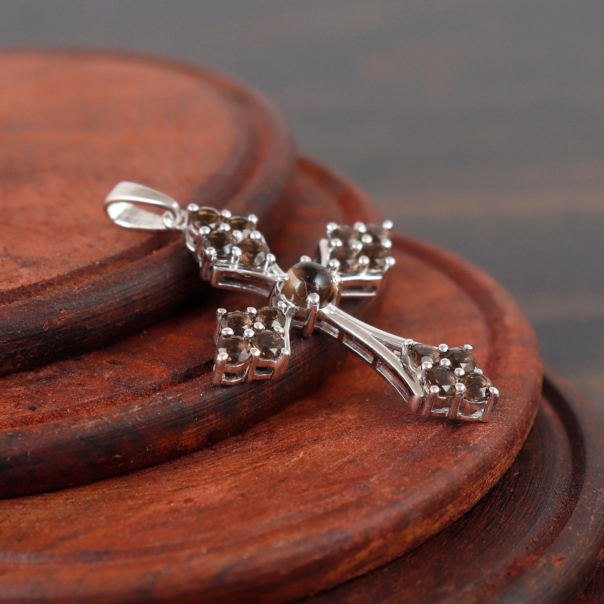 Smoky Quartz Cross Pendant Necklace Sterling Silver Holy Jewelry New Year