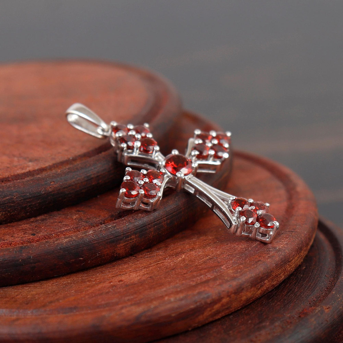 Garnet Cross Pendant Necklace Sterling Silver Holy Handmade Jewelry
