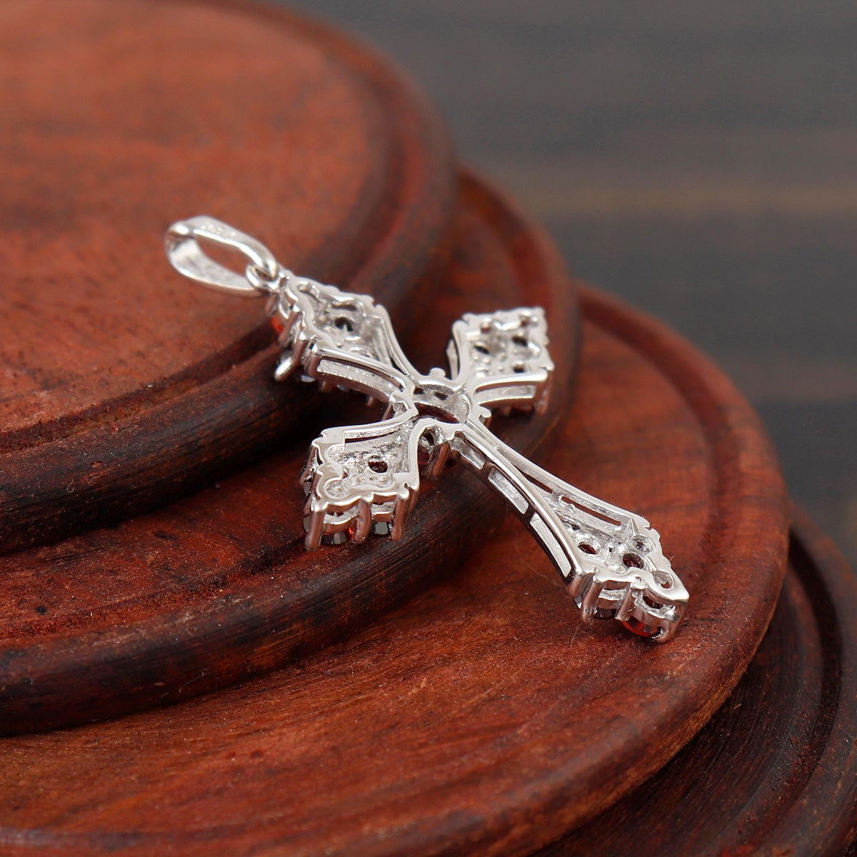 Garnet Cross Pendant Necklace Sterling Silver Holy Handmade Jewelry