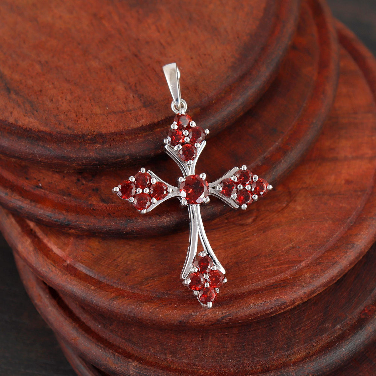 Garnet Cross Pendant Necklace Sterling Silver Holy Handmade Jewelry