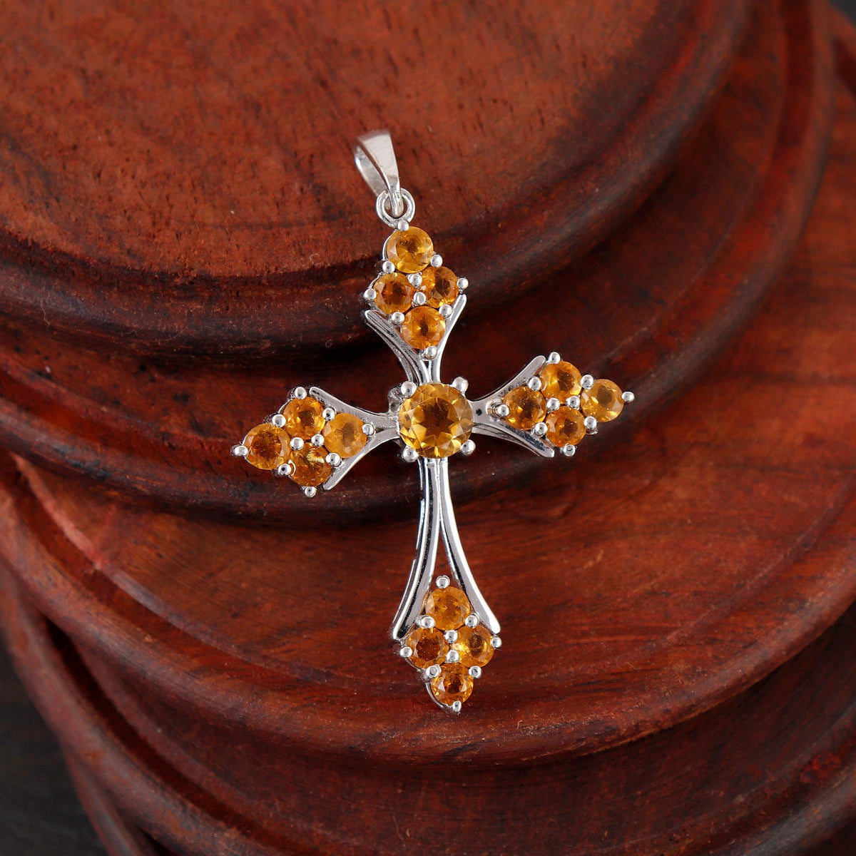 Citrine Cross Pendant Necklace Sterling Silver Holy Gemstone Jewelry