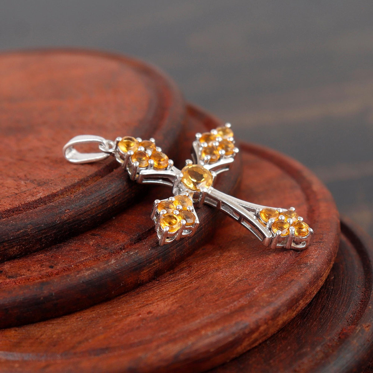 Citrine Cross Pendant Necklace Sterling Silver Holy Gemstone Jewelry