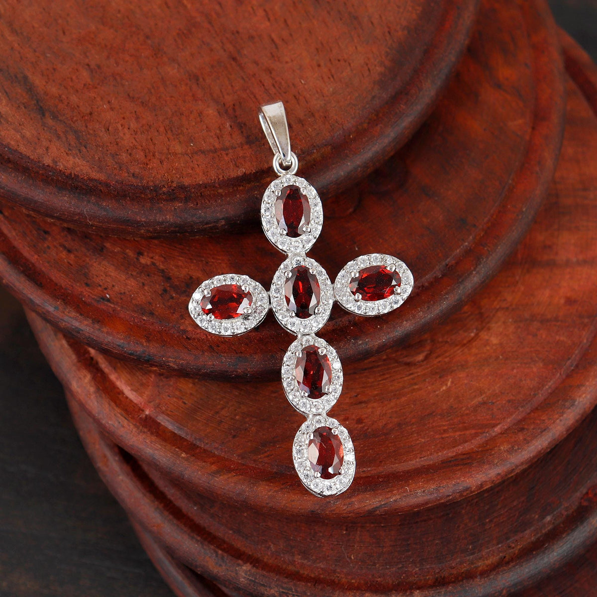 Garnet Cross Pendant Necklace Handmade Sterling Silver Holy Jewelry