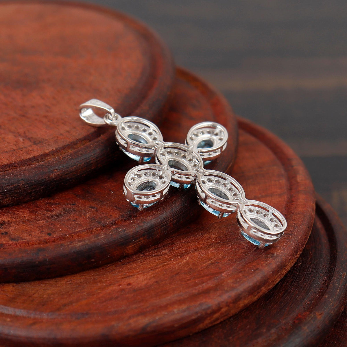 Blue Topaz Cross Handmade Necklace Silver Holy December Birthstone