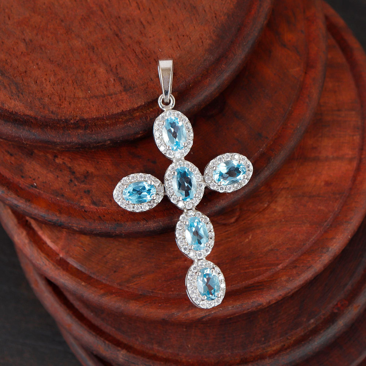 Blue Topaz Cross Handmade Necklace Silver Holy December Birthstone