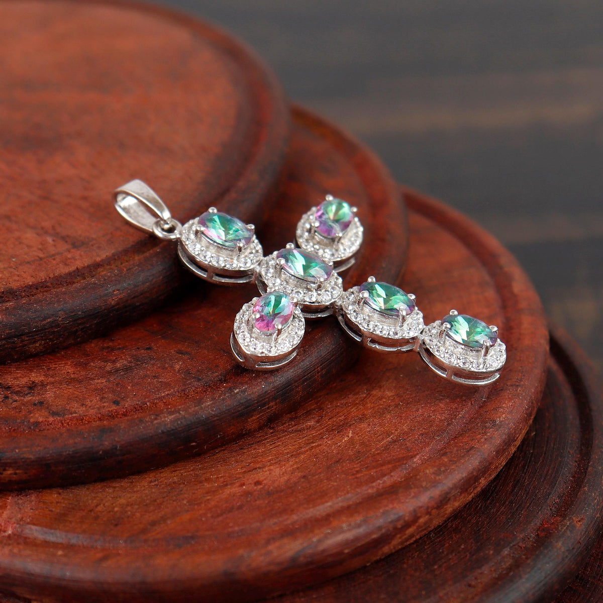 Mystic Topaz Cross Pendant Necklace, Sterling Silver, Oval Cut Gemstone, Religious Jewelry