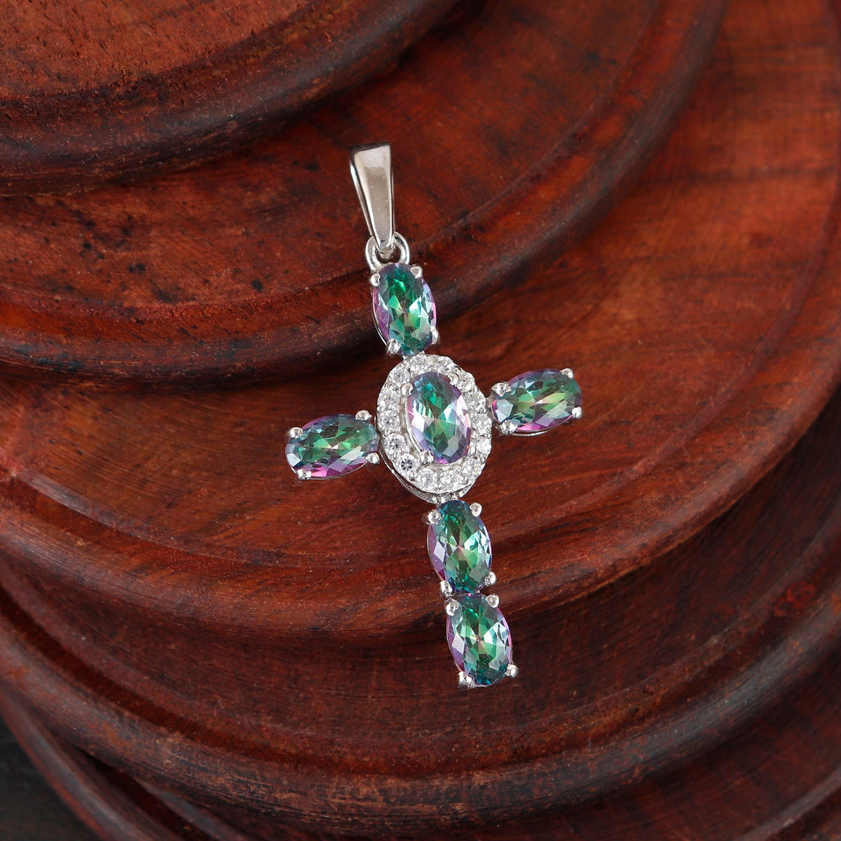 Mystic Topaz Cross Pendant: Sterling Silver, Oval Cut Holy Cross Christmas Jewelry