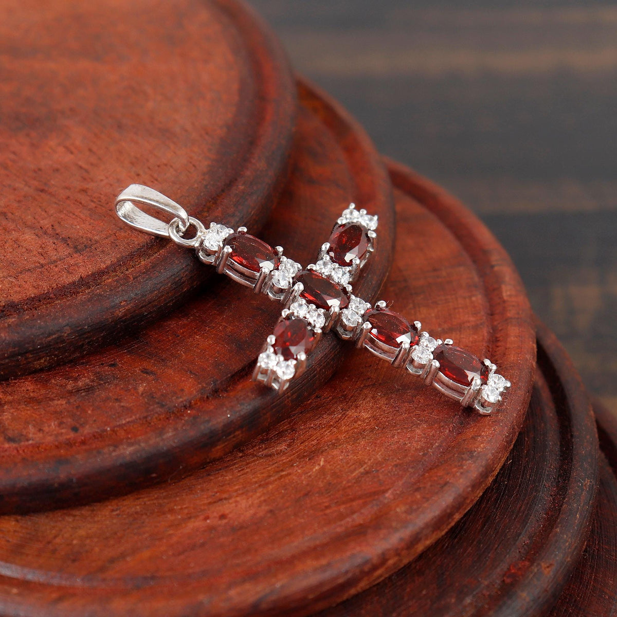 Dainty Garnet Silver Cross Necklace Handmade Red Gemstone Holy Jewelry