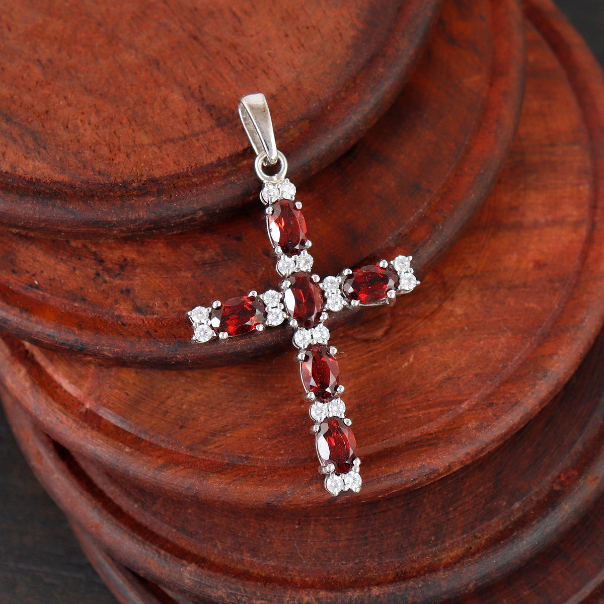 Dainty Garnet Silver Cross Necklace Handmade Red Gemstone Holy Jewelry