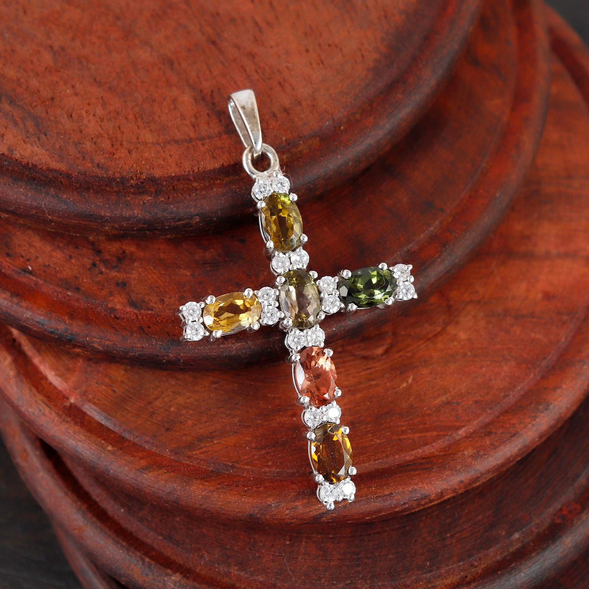 Multi Tourmaline Cross Silver Pendant Oval Handmade Jewelry Birthstone