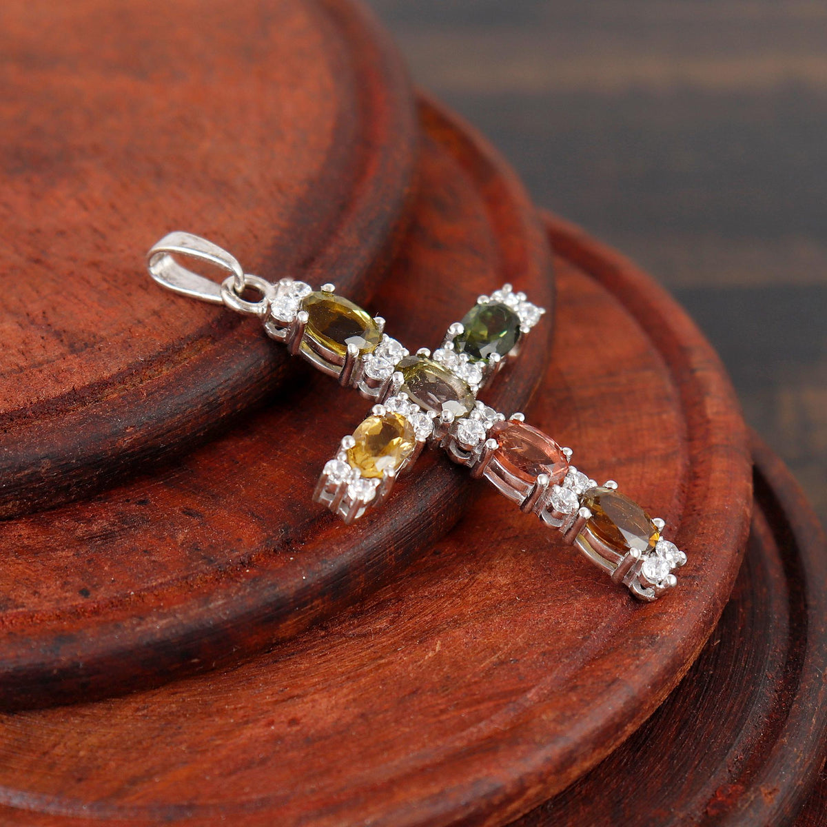 Multi Tourmaline Cross Silver Pendant Oval Handmade Jewelry Birthstone