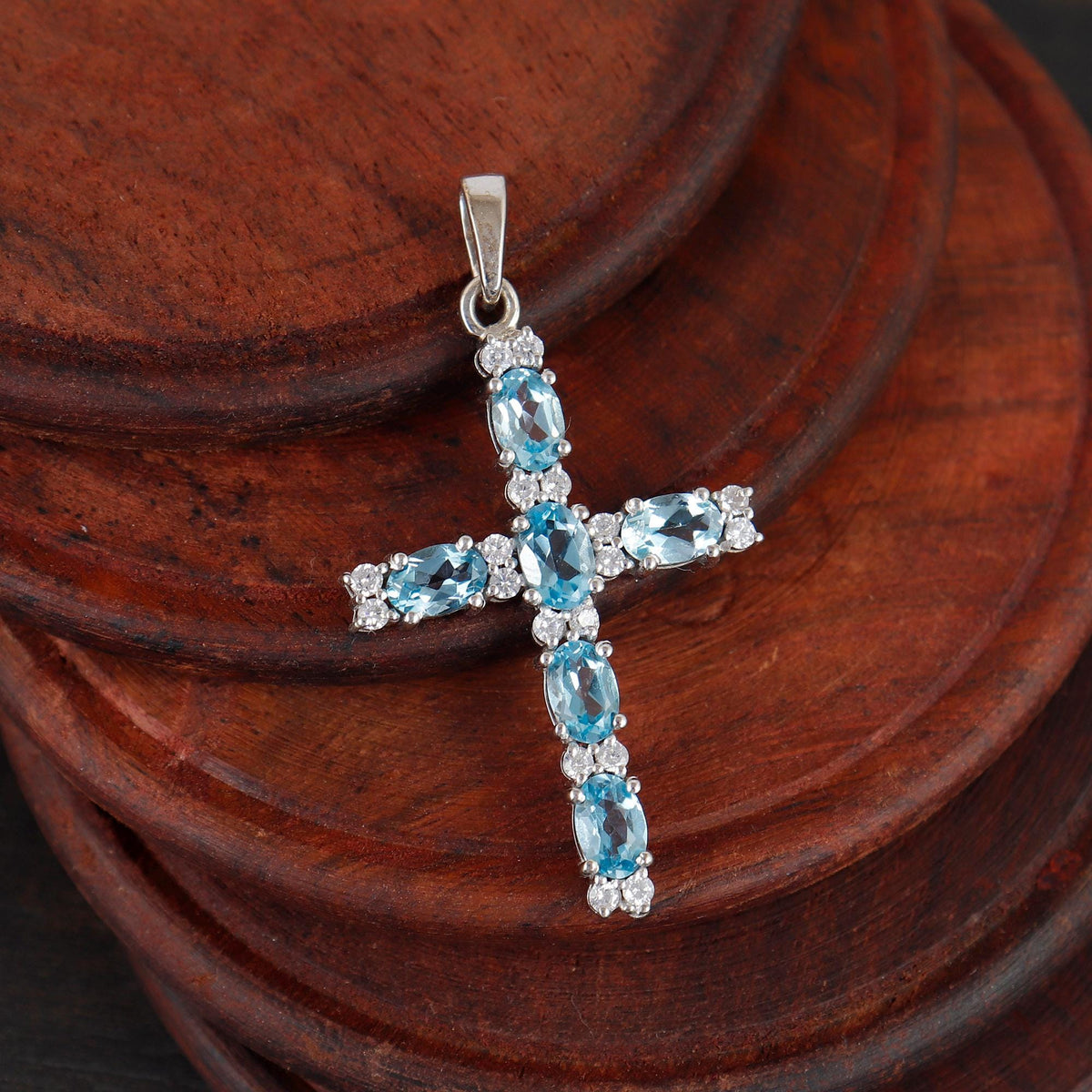 Blue Topaz Cross Silver Pendant Oval Sterling Silver December Birthstone Gift for her