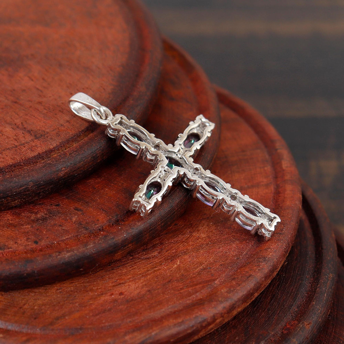Mystic Topaz Cross Silver Necklace Oval Handmade Religious Gift for Her