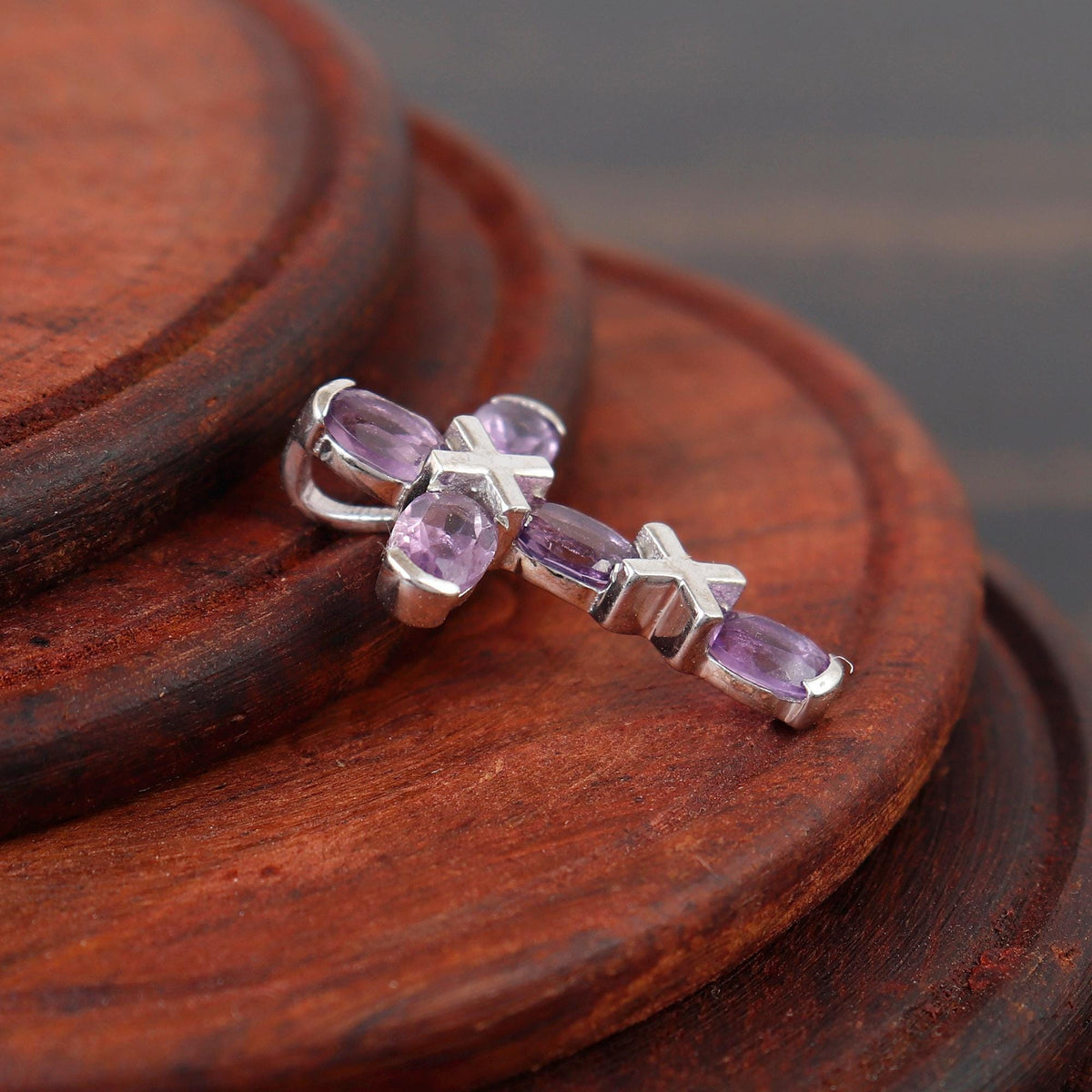 Purple Amethyst Sterling Silver Cross Pendant: Dainty Christmas Oval Handmade Necklace