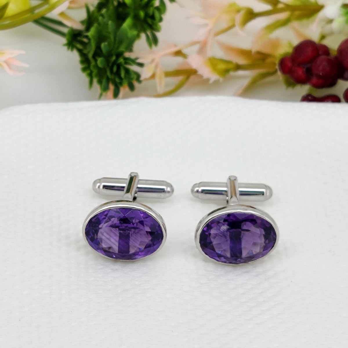 Natural Amethyst Silver Cuff Links for Men Unique Handmade 12x16 mm Purple Oval Stone