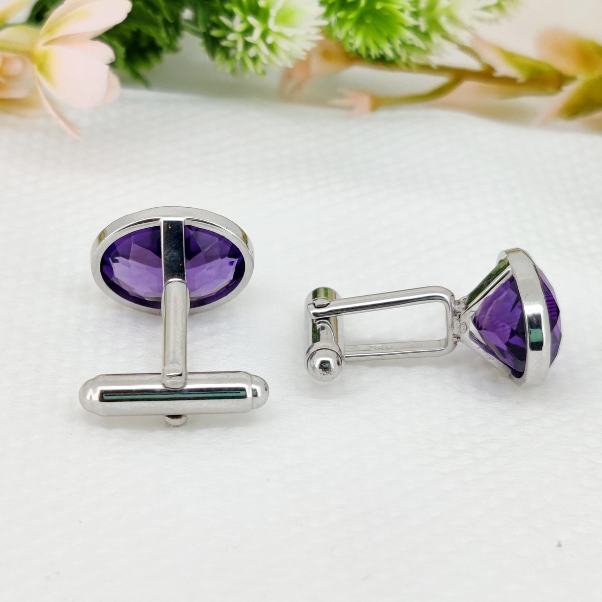 Natural Amethyst Silver Cuff Links for Men Unique Handmade 12x16 mm Purple Oval Stone