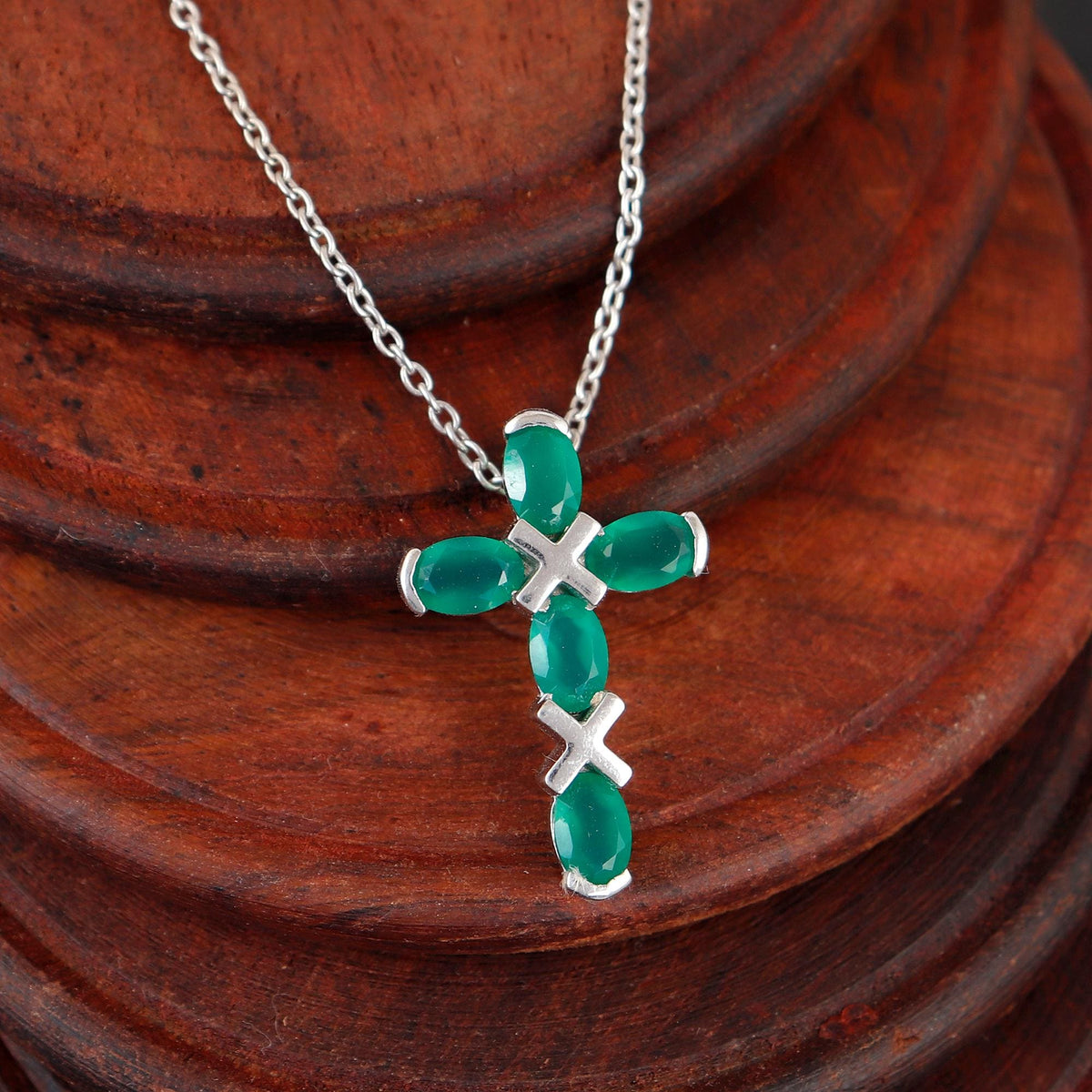 Green Onyx Silver Cross Necklace: Holy Cross Oval Handmade Pendant