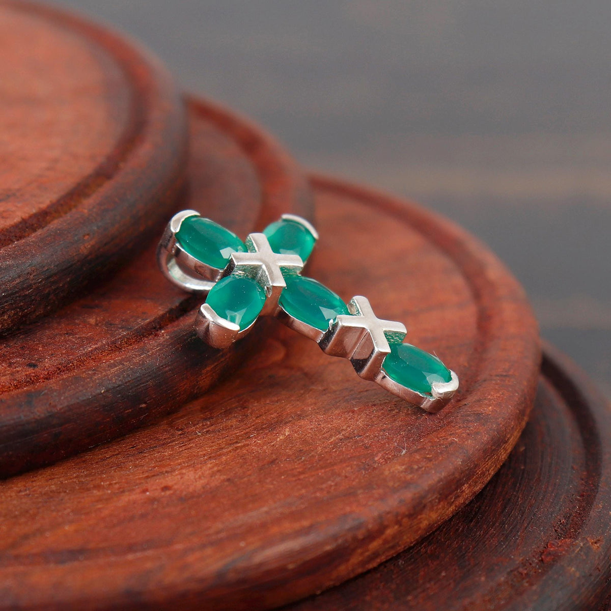 Green Onyx Silver Cross Necklace: Holy Cross Oval Handmade Pendant