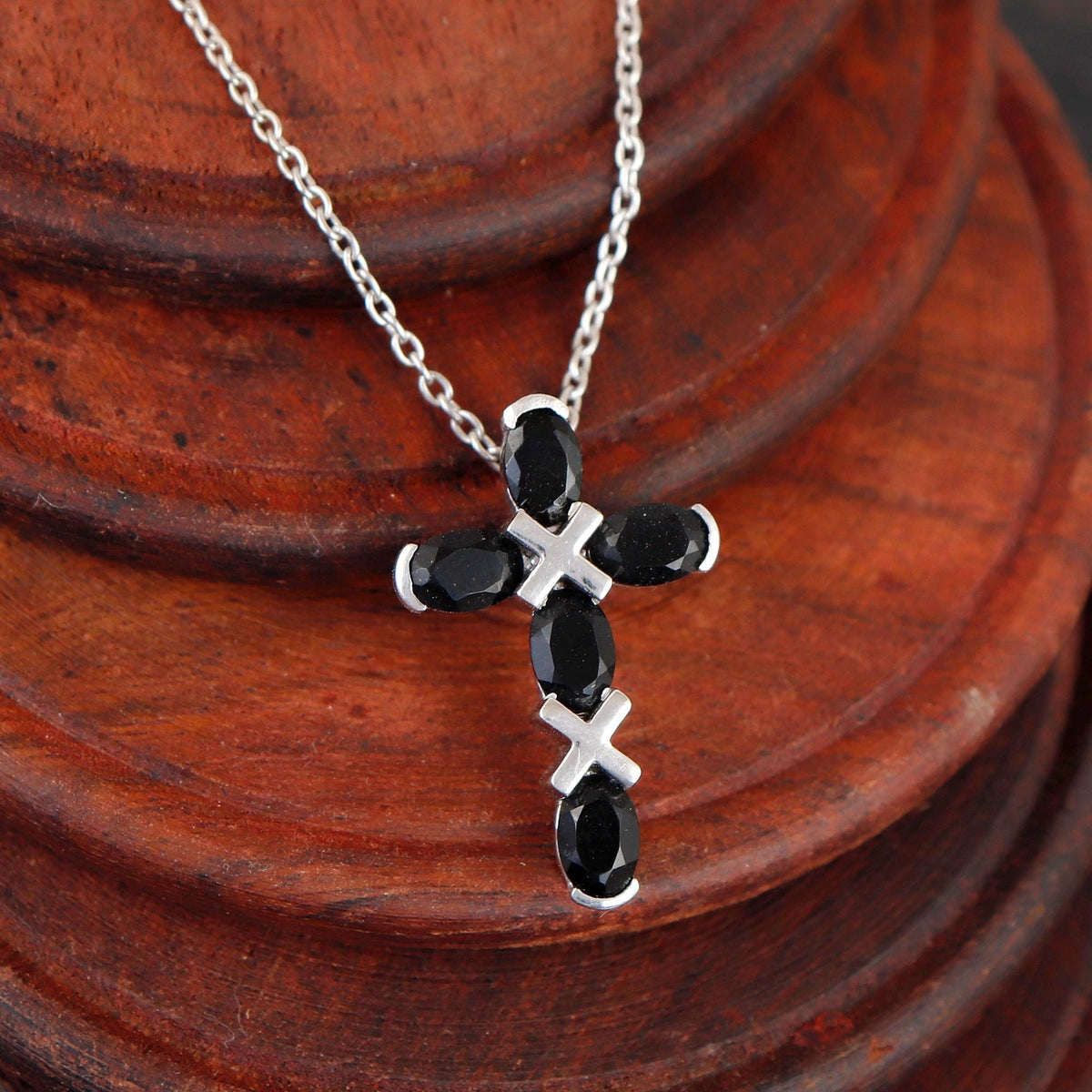 Black Onyx Silver Cross Pendant: Dainty Holy Cross Necklace
