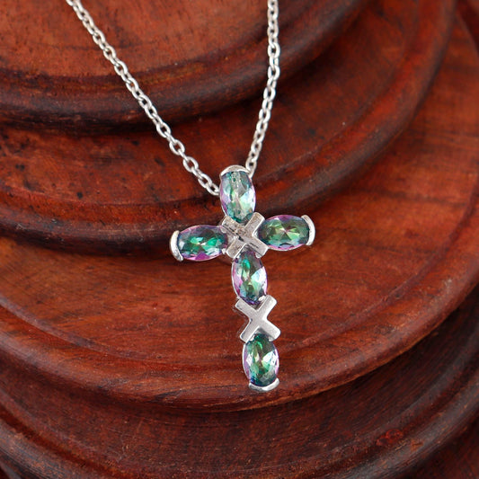 Mystic Topaz Silver Cross Pendant: Dainty Holy Cross Gifts For Her