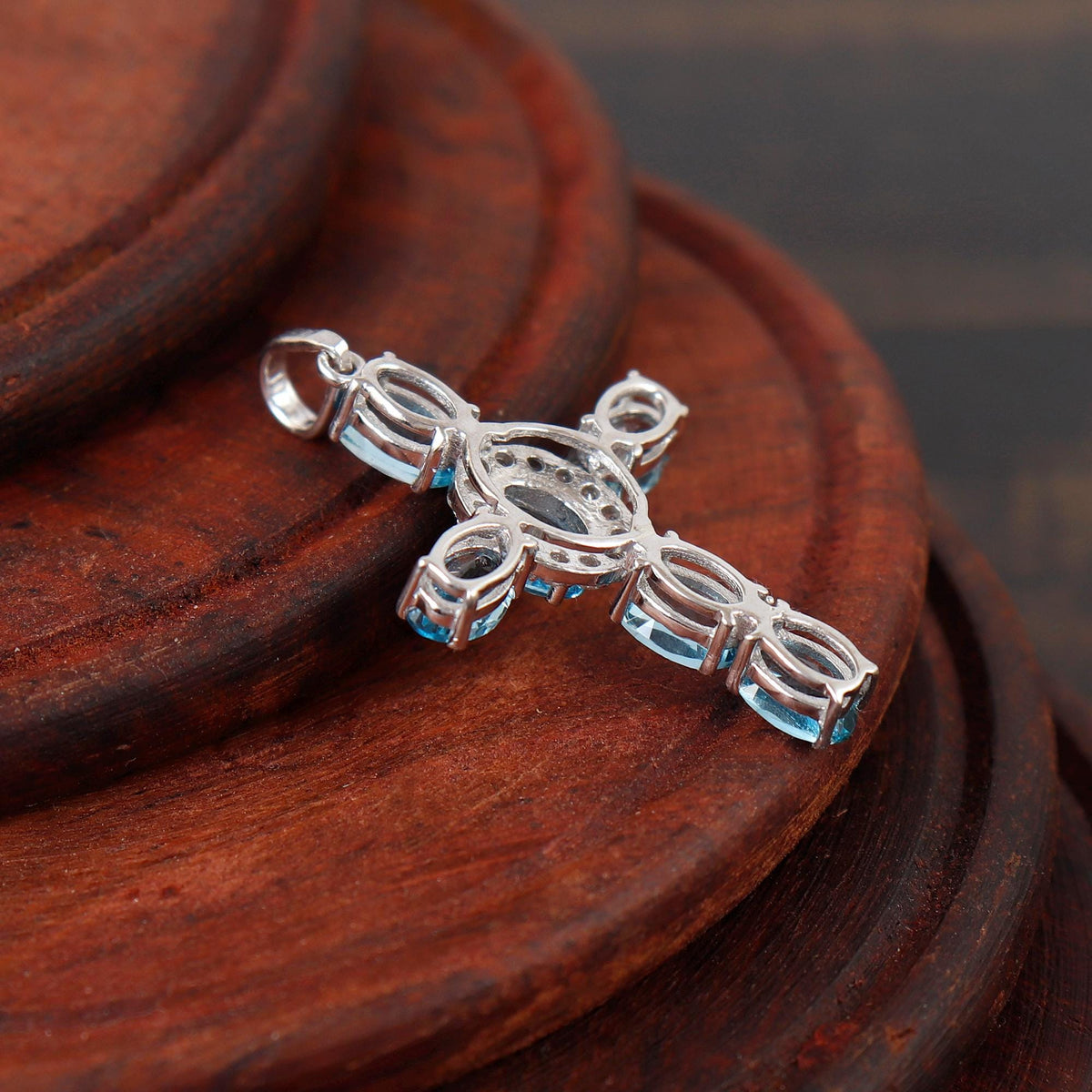 Swiss Blue Topaz Cross Pendant: Sterling Silver Christmas Holy Cross Necklace