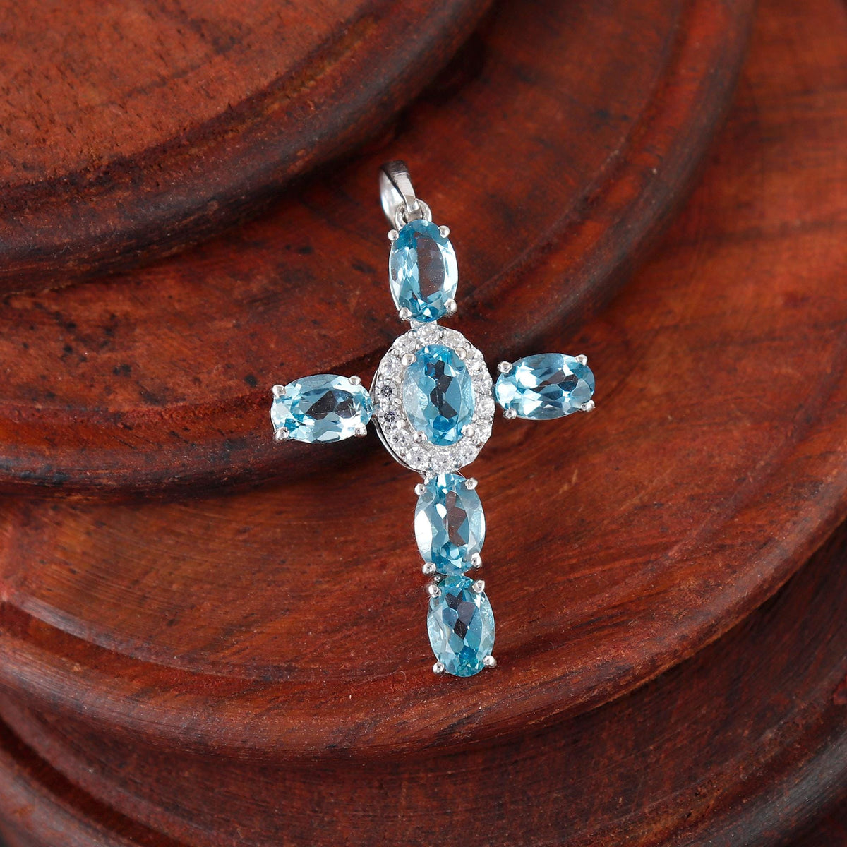 Swiss Blue Topaz Cross Pendant: Sterling Silver Christmas Holy Cross Necklace