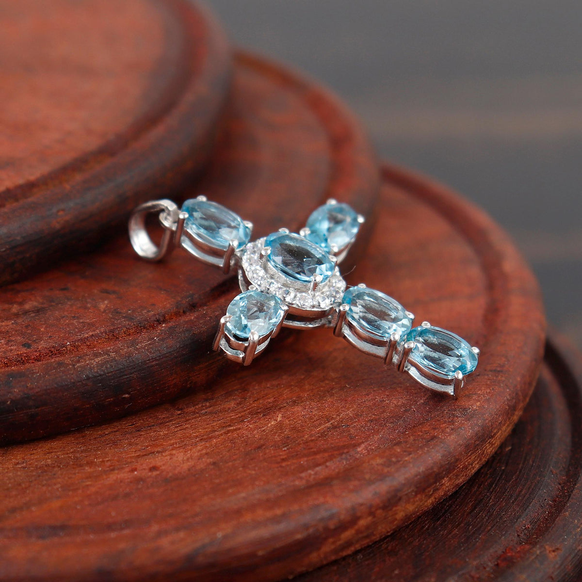 Swiss Blue Topaz Cross Pendant: Sterling Silver Christmas Holy Cross Necklace